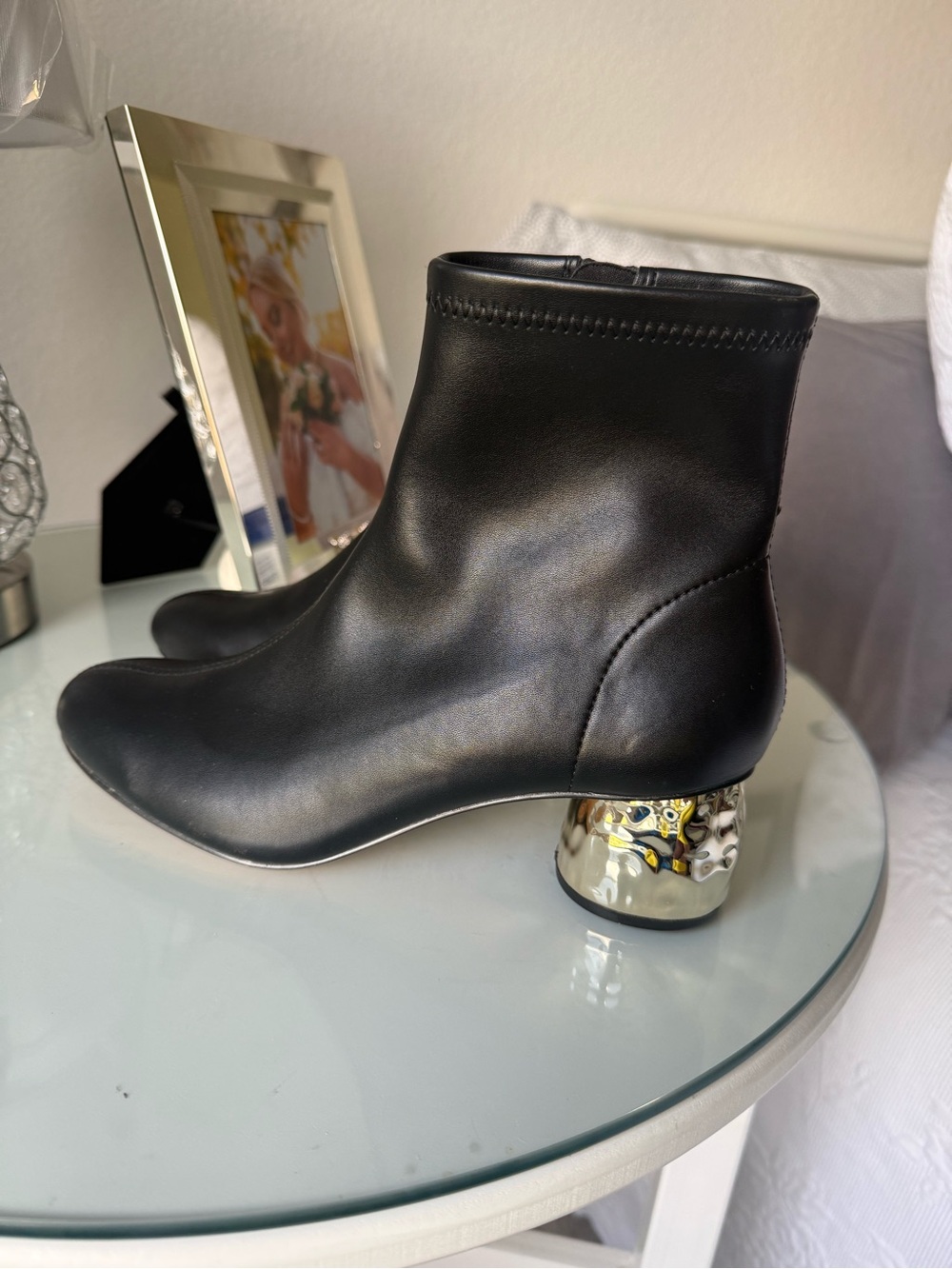 Chico's Black Ankle Boots with Sculpted Silver Heel 7.5 size